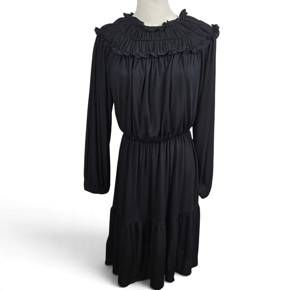 Ann Taylor Dress Womens Small Ruffle Neck Tiered Black Long Sleeve Jersey NWT